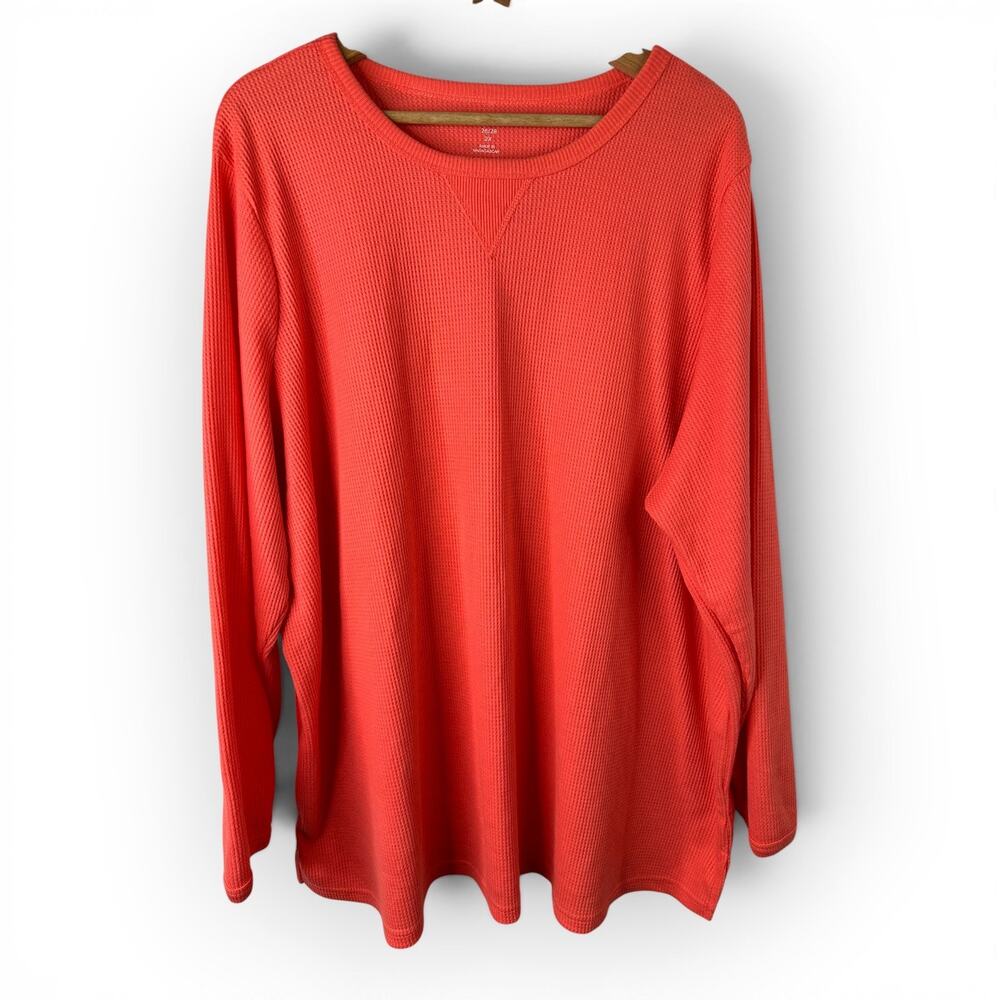 Woman Within Coral Waffle Knit Long Sleeve Shirt Womens 2X 26/28 Crewneck Top